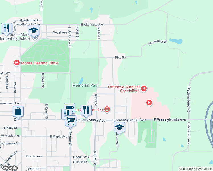 map of restaurants, bars, coffee shops, grocery stores, and more near 721-799 East Highland Avenue in Ottumwa
