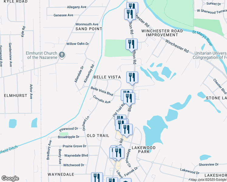 map of restaurants, bars, coffee shops, grocery stores, and more near 5822 Remington Drive in Fort Wayne