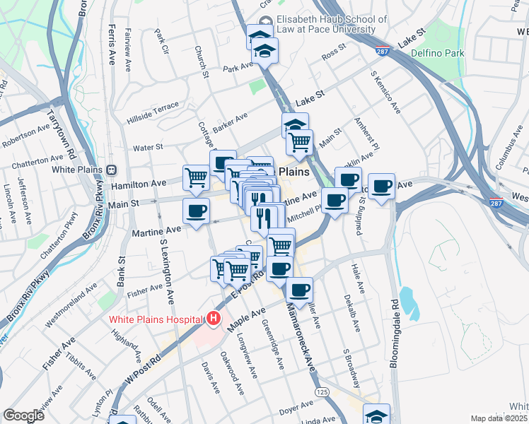 map of restaurants, bars, coffee shops, grocery stores, and more near 10 Mitchell Place in White Plains