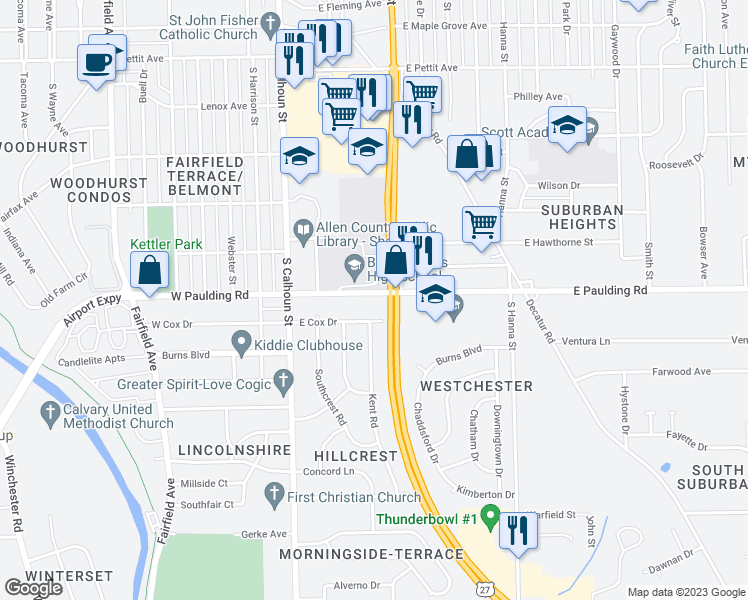 map of restaurants, bars, coffee shops, grocery stores, and more near 340 East Paulding Road in Fort Wayne