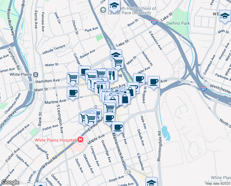 map of restaurants, bars, coffee shops, grocery stores, and more near 39 Mitchell Place in White Plains