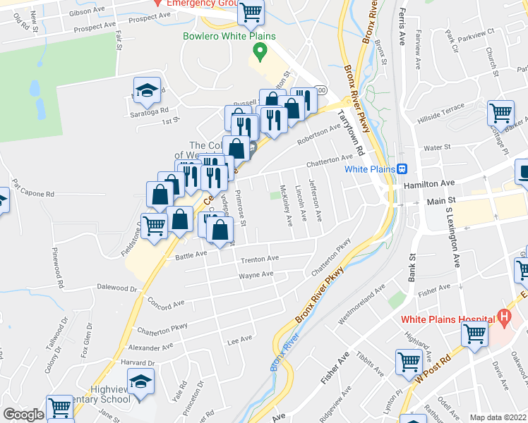 map of restaurants, bars, coffee shops, grocery stores, and more near 55 McKinley Avenue in White Plains