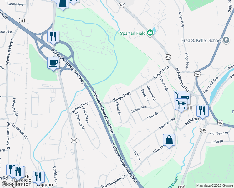 map of restaurants, bars, coffee shops, grocery stores, and more near 366 Kings Highway in Tappan