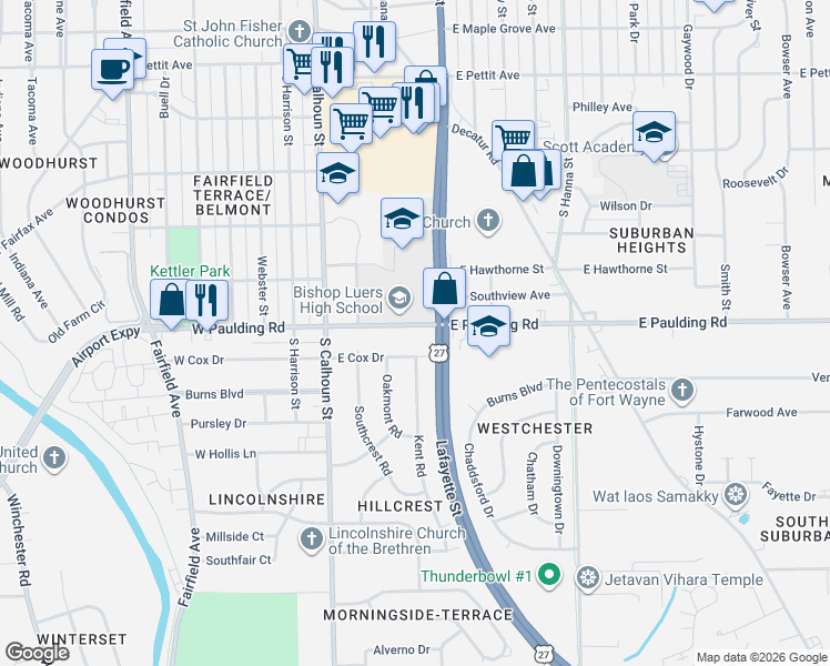 map of restaurants, bars, coffee shops, grocery stores, and more near 343 East Cox Drive in Fort Wayne