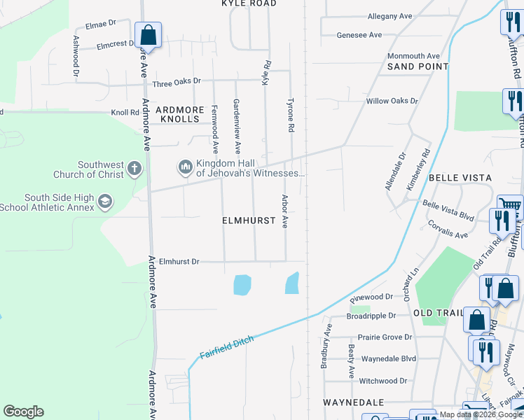 map of restaurants, bars, coffee shops, grocery stores, and more near 5729 Woodheath Avenue in Fort Wayne