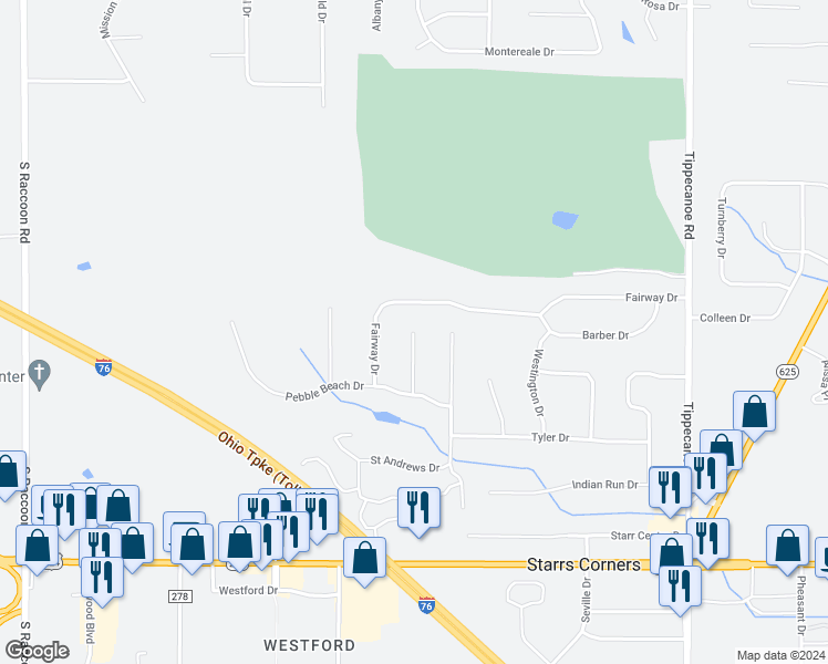 map of restaurants, bars, coffee shops, grocery stores, and more near 6101 Southern Hills Court in Canfield