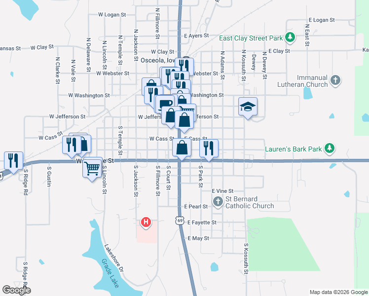 map of restaurants, bars, coffee shops, grocery stores, and more near 325 South Main Street in Osceola