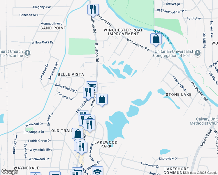 map of restaurants, bars, coffee shops, grocery stores, and more near 5705 Bluffton Road in Fort Wayne