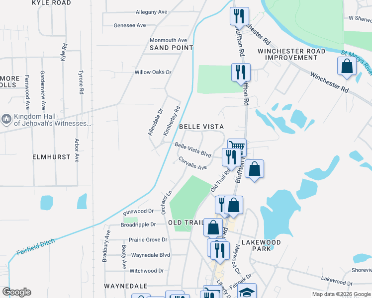 map of restaurants, bars, coffee shops, grocery stores, and more near 2728 Corvalis Avenue in Fort Wayne