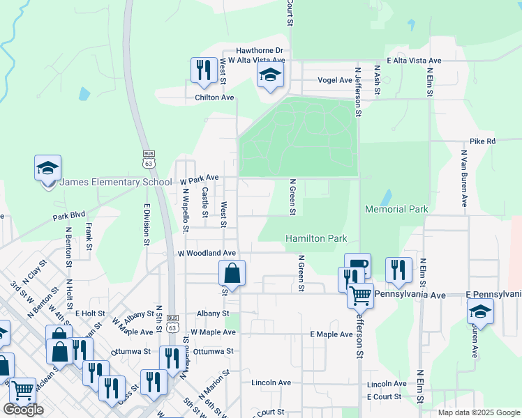 map of restaurants, bars, coffee shops, grocery stores, and more near 124 East Highland Avenue in Ottumwa