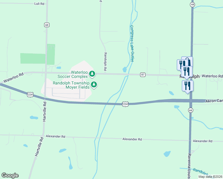 map of restaurants, bars, coffee shops, grocery stores, and more near 3680 Waterloo Road in Mogadore