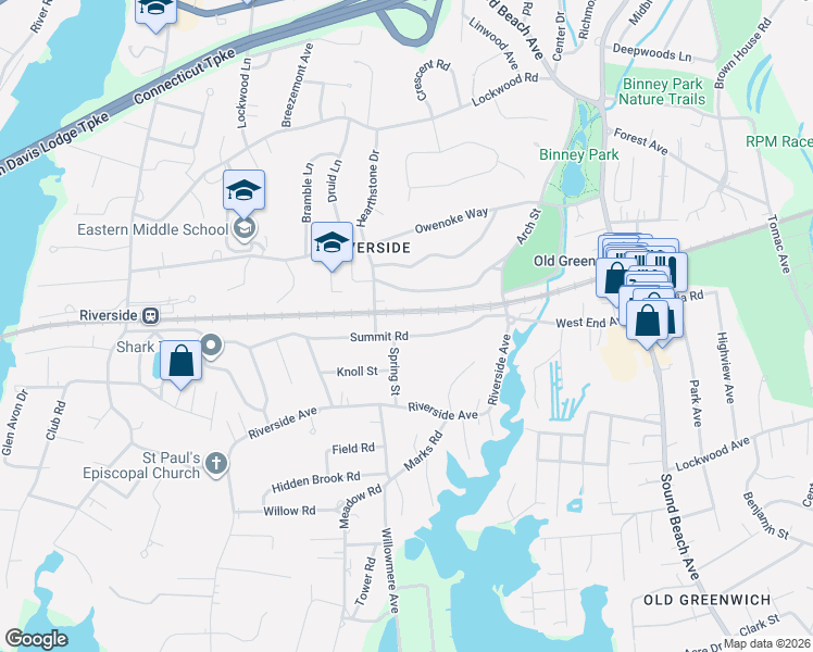map of restaurants, bars, coffee shops, grocery stores, and more near 36 Summit Road in Greenwich