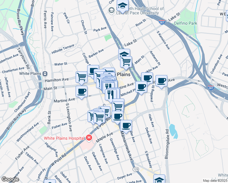 map of restaurants, bars, coffee shops, grocery stores, and more near 10 Mitchell Place in White Plains