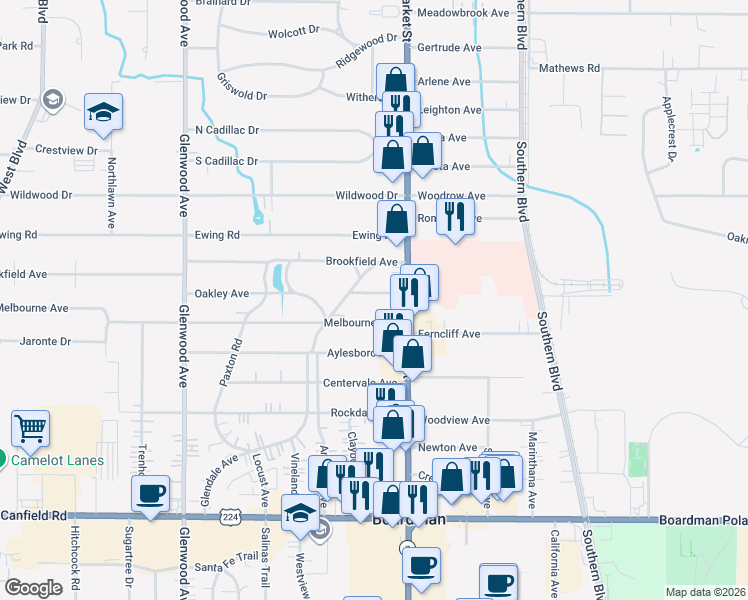 map of restaurants, bars, coffee shops, grocery stores, and more near 33 Marlindale Avenue in Youngstown