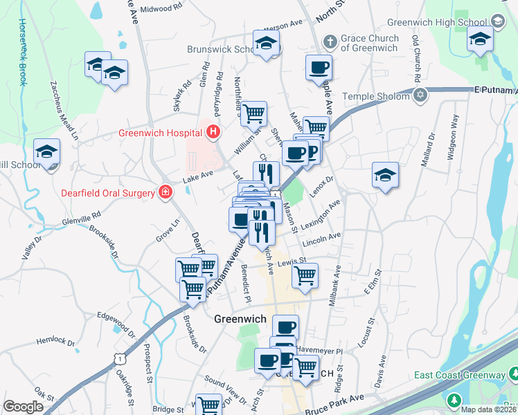 map of restaurants, bars, coffee shops, grocery stores, and more near 11 Lafayette Place in Greenwich