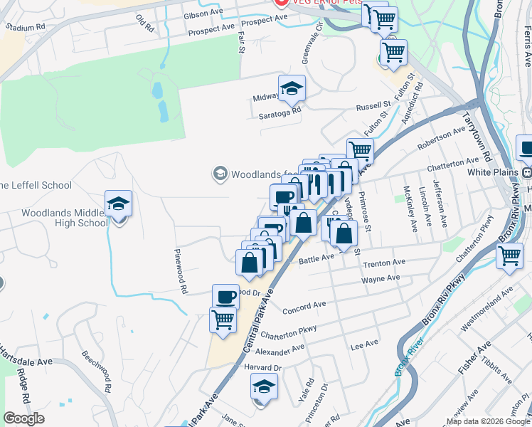 map of restaurants, bars, coffee shops, grocery stores, and more near 51-59 Fieldstone Drive in Hartsdale