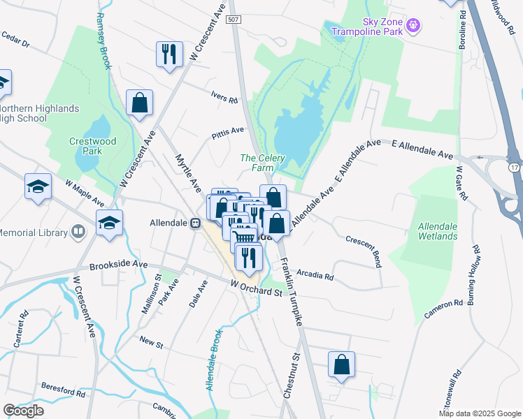 map of restaurants, bars, coffee shops, grocery stores, and more near 19 Elm Street in Allendale