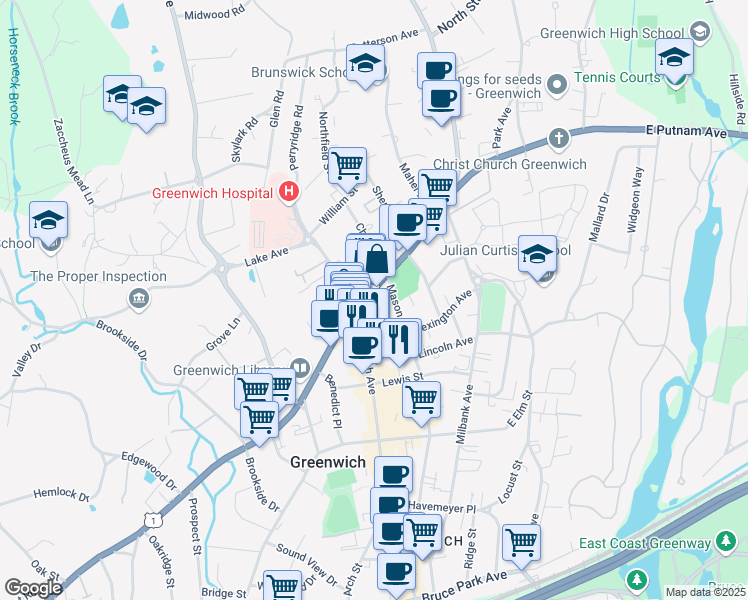 map of restaurants, bars, coffee shops, grocery stores, and more near 3 Pickwick Plaza in Greenwich