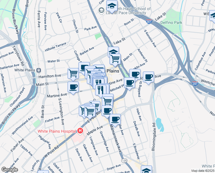 map of restaurants, bars, coffee shops, grocery stores, and more near 10 Mitchell Place in White Plains