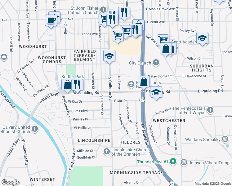 map of restaurants, bars, coffee shops, grocery stores, and more near 119 East Cox Drive in Fort Wayne