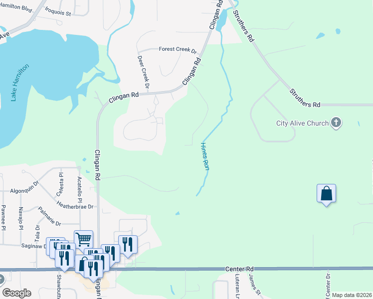 map of restaurants, bars, coffee shops, grocery stores, and more near 5340 Clingan Road in Youngstown