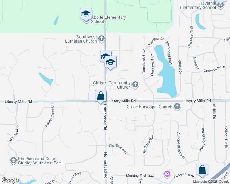 map of restaurants, bars, coffee shops, grocery stores, and more near 10616-10828 Liberty Mills Road in Fort Wayne