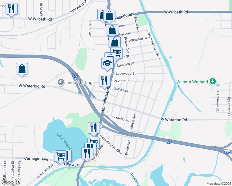 map of restaurants, bars, coffee shops, grocery stores, and more near 2476 Nesbitt Avenue in Akron