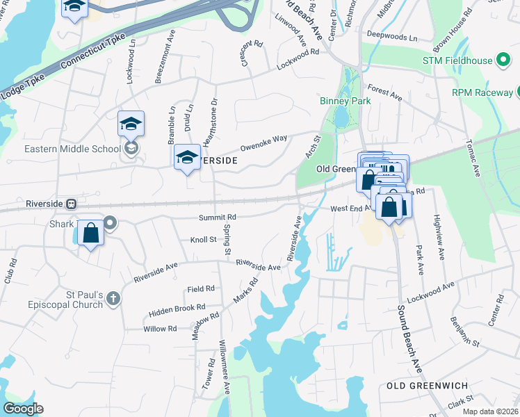map of restaurants, bars, coffee shops, grocery stores, and more near 22 Summit Road in Greenwich
