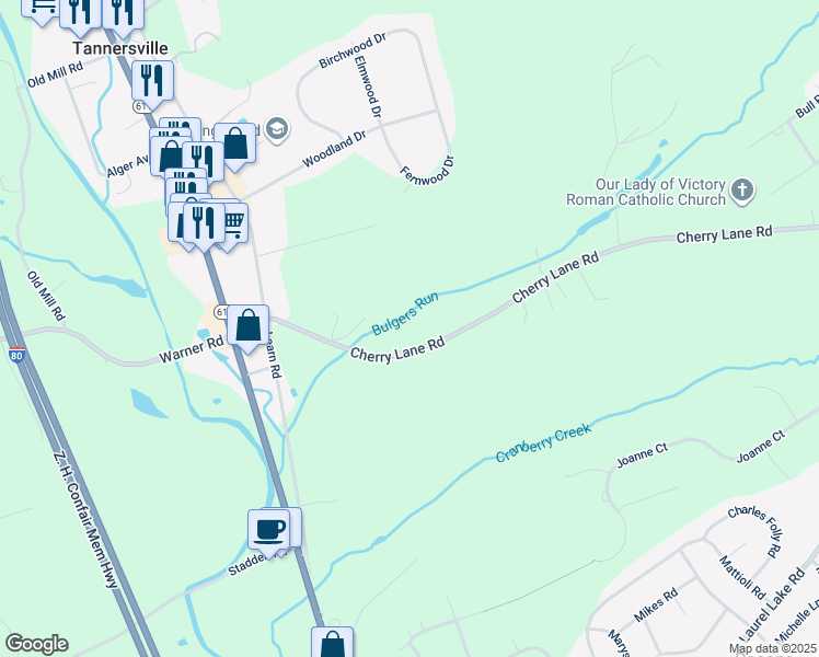 map of restaurants, bars, coffee shops, grocery stores, and more near 191 Cherry Lane Road in Monroe County