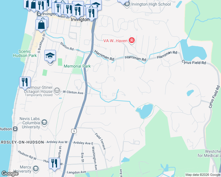 map of restaurants, bars, coffee shops, grocery stores, and more near 261 Birch Lane in Irvington