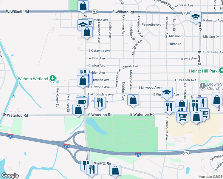 map of restaurants, bars, coffee shops, grocery stores, and more near 99 East Woodsdale Avenue in Akron