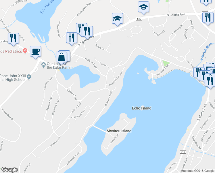 map of restaurants, bars, coffee shops, grocery stores, and more near 182 West Shore Trail in Sparta Township