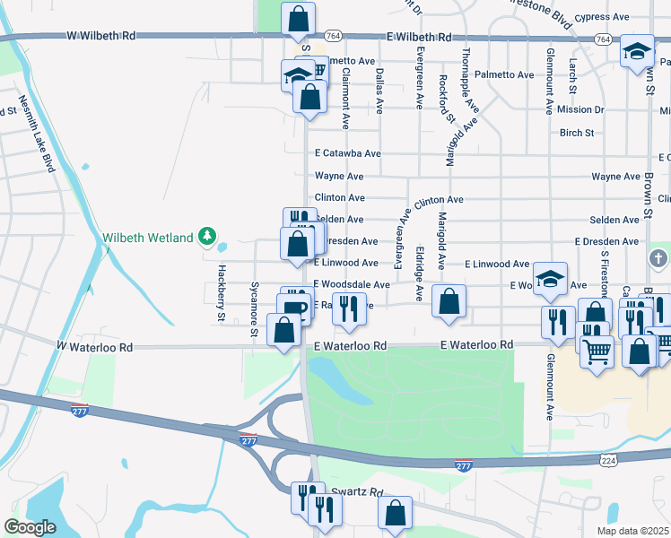 map of restaurants, bars, coffee shops, grocery stores, and more near 62 East Woodsdale Avenue in Akron