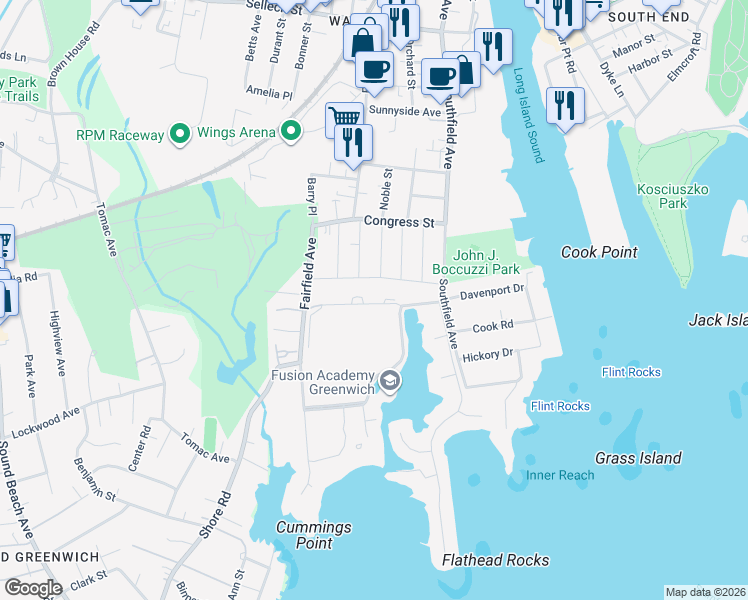 map of restaurants, bars, coffee shops, grocery stores, and more near 2 Top Gallant Road in Stamford