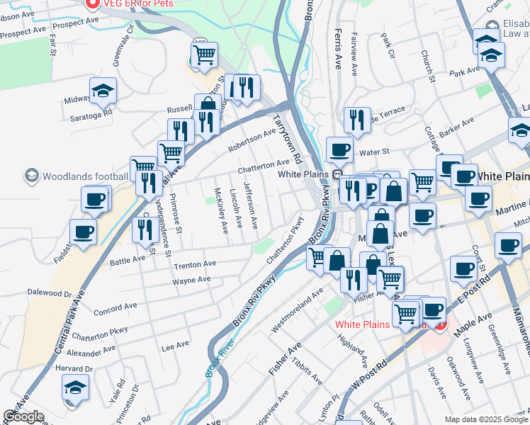map of restaurants, bars, coffee shops, grocery stores, and more near 166 Harding Avenue in White Plains