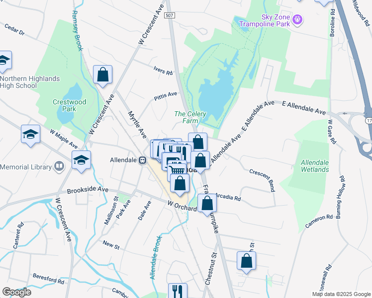 map of restaurants, bars, coffee shops, grocery stores, and more near 13 Elm Street in Allendale