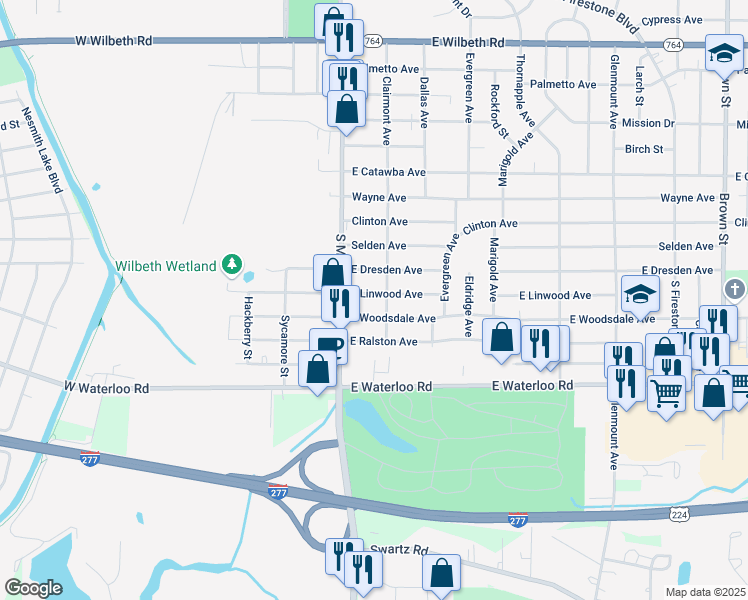map of restaurants, bars, coffee shops, grocery stores, and more near 62 East Woodsdale Avenue in Akron