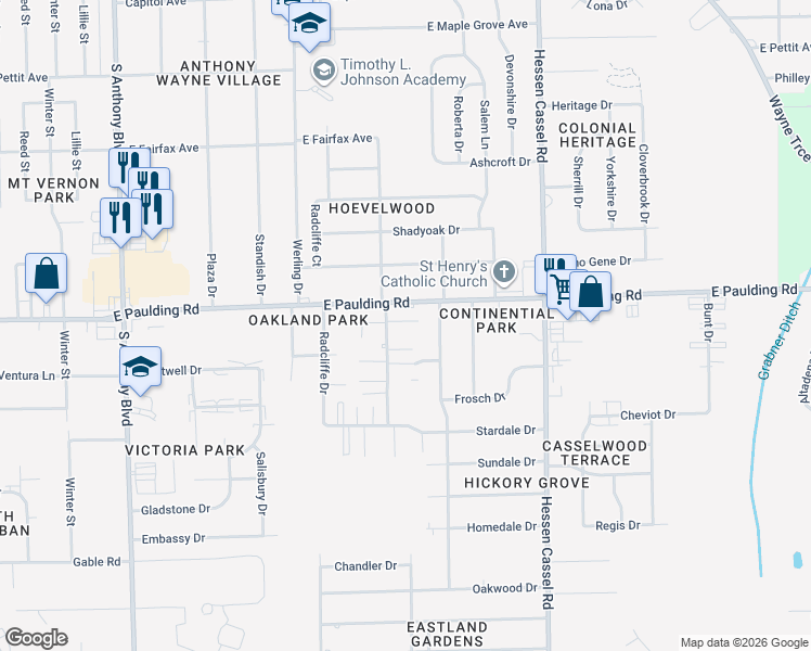 map of restaurants, bars, coffee shops, grocery stores, and more near 5916 Waycross Drive in Fort Wayne