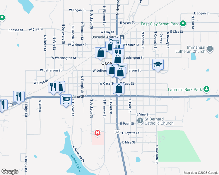 map of restaurants, bars, coffee shops, grocery stores, and more near 320 South Court Street in Osceola