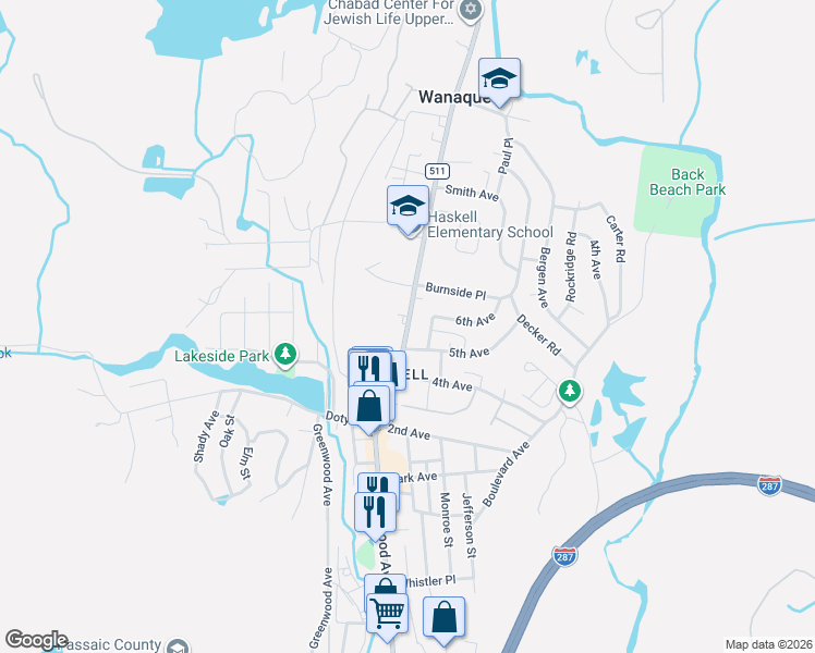 map of restaurants, bars, coffee shops, grocery stores, and more near 43 5th Avenue in Wanaque