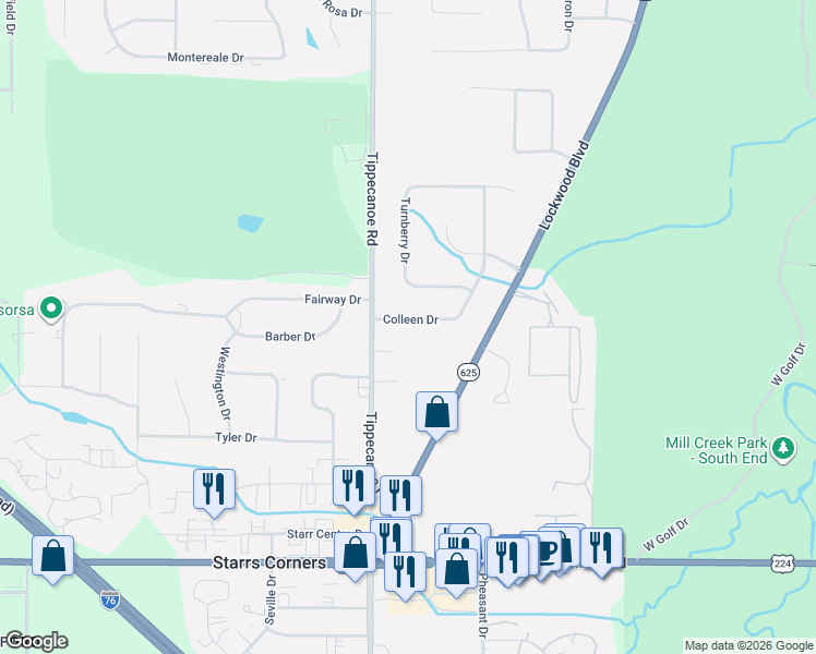 map of restaurants, bars, coffee shops, grocery stores, and more near 6055 Tippecanoe Road in Canfield