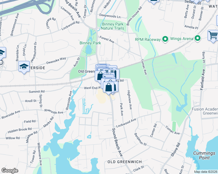 map of restaurants, bars, coffee shops, grocery stores, and more near 262 Sound Beach Avenue in Greenwich