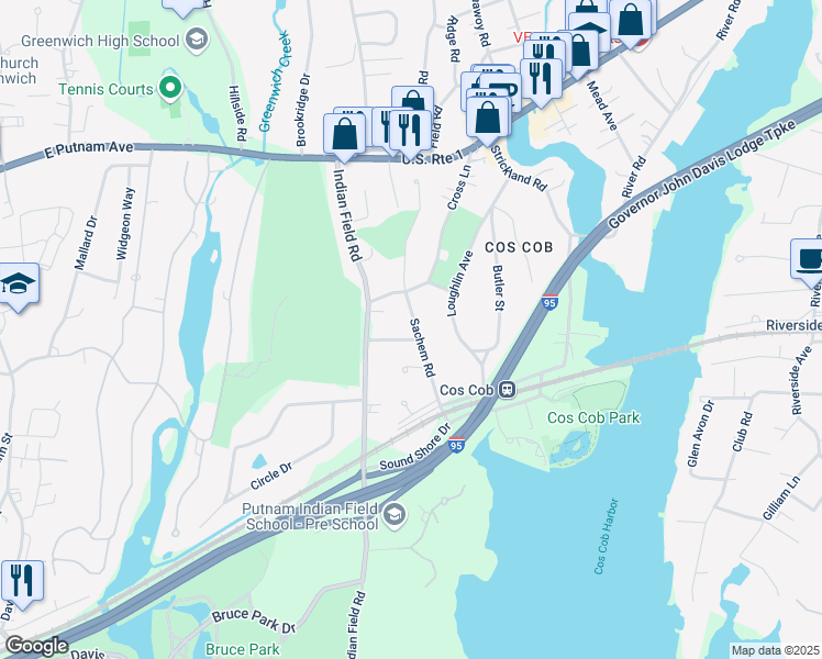 map of restaurants, bars, coffee shops, grocery stores, and more near 8 Osceola Drive in Greenwich
