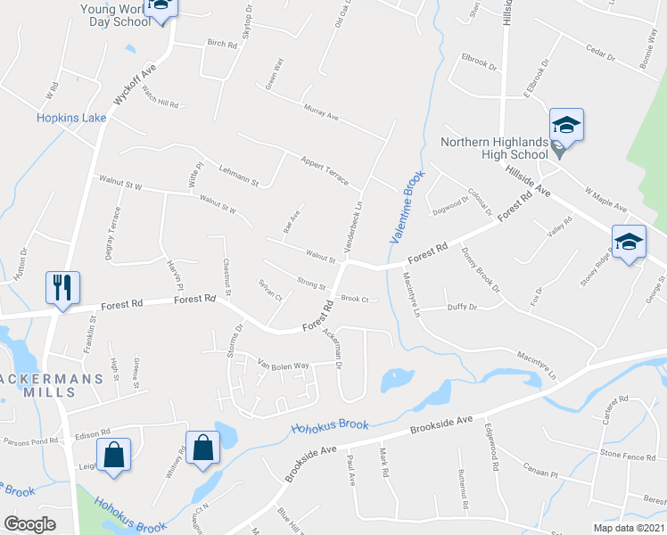 map of restaurants, bars, coffee shops, grocery stores, and more near 75 Walnut Street in Mahwah