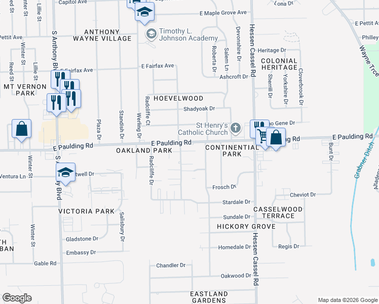 map of restaurants, bars, coffee shops, grocery stores, and more near 5916 Waycross Drive in Fort Wayne
