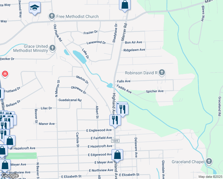 map of restaurants, bars, coffee shops, grocery stores, and more near 2707 Mercer Road in New Castle