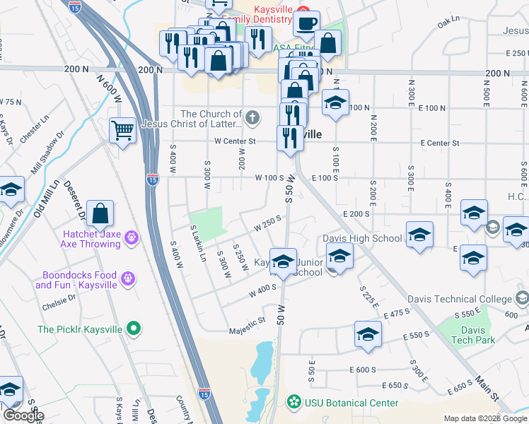 map of restaurants, bars, coffee shops, grocery stores, and more near 141 Gailey Lane in Kaysville