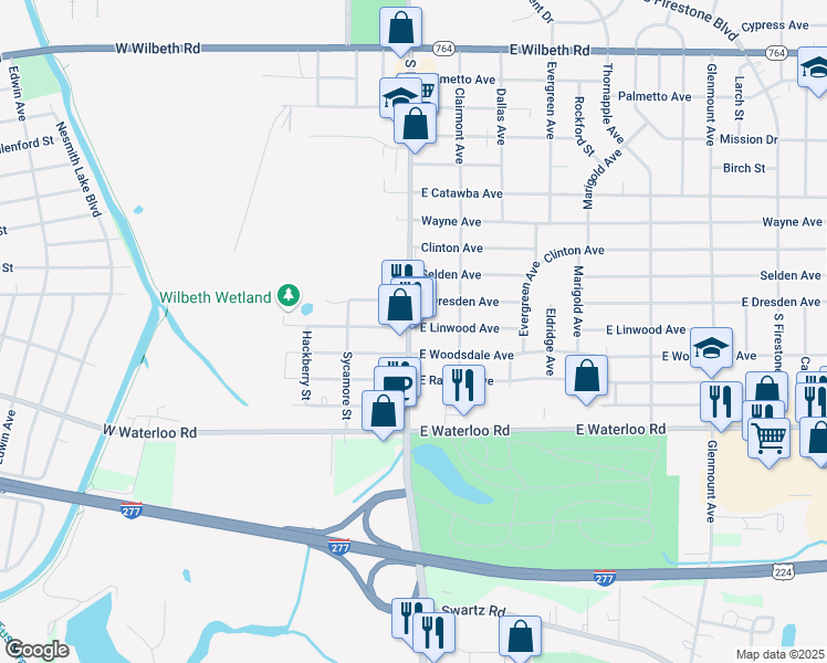 map of restaurants, bars, coffee shops, grocery stores, and more near 4 East Woodsdale Avenue in Akron