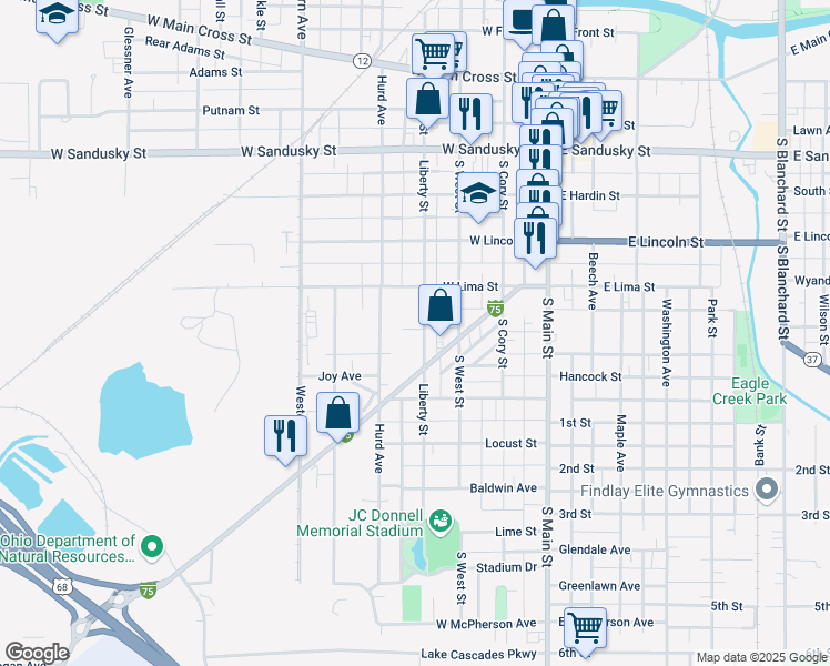 map of restaurants, bars, coffee shops, grocery stores, and more near 326 Lima Avenue in Findlay