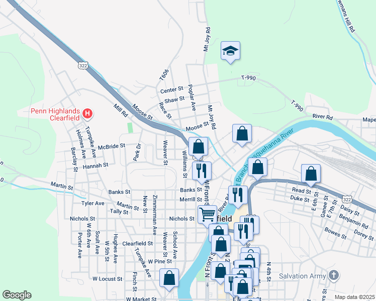 map of restaurants, bars, coffee shops, grocery stores, and more near 713 Williams Street in Clearfield